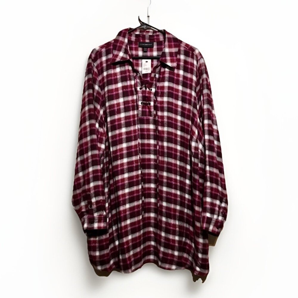 Lane Bryant 22W 24W Purple Pink Rayon Flannel Plaid Lace Up Collar Tunic Top